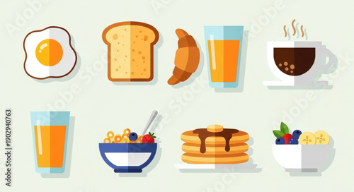 Collection of breakfast food and drink items illustration.
