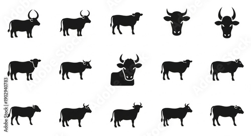 Collection of Bull and Cow Silhouettes Vector Icons.