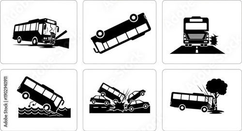 Collection of Bus Accident Icons Representing Various Incidents.