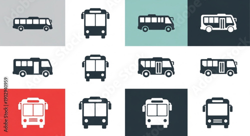 Collection of bus icons in various styles and colors.