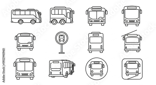 Collection of bus icons in various styles and perspectives.