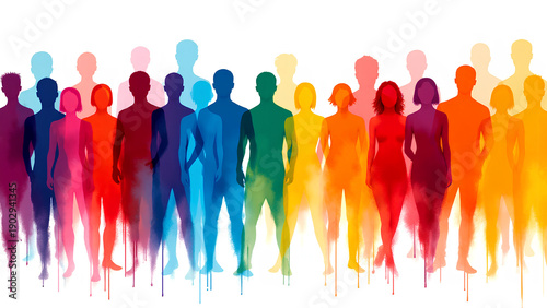 Colorful human silhouettes standing together in row with dripping paint effect, representing diversity and unity in vibrant artistic style