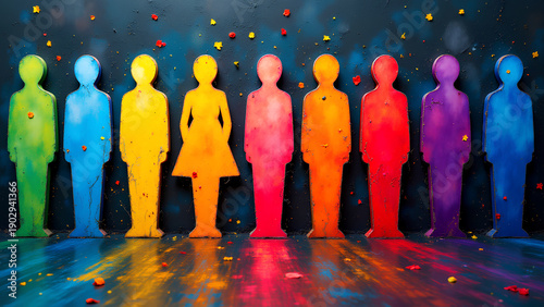 Colorful human figures in row on dark background with scattered small leaves, creating vibrant and artistic display of diversity and unity