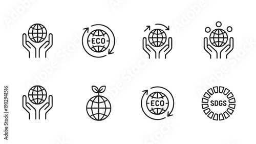 Set of eight minimalist line art icons representing environmental sustainability and eco-friendly concepts