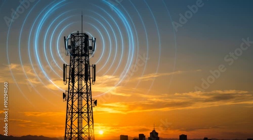 A cell tower stands tall against a vibrant orange and blue sunset with signal waves radiating from it in a video capturing the essence of modern telecommunications