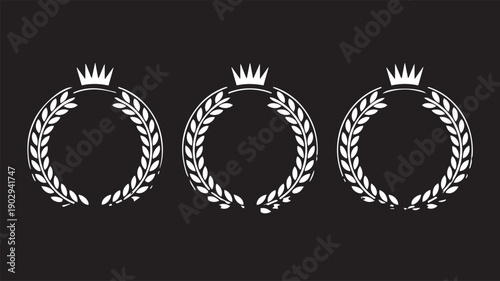 Set of three white laurel wreaths with crowns symbolizing victory and honor on a solid black background