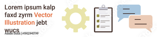 Process optimization, communication, teamwork, workflow management, task tracking, project collaboration. Gear, checklist and speech bubbles in a clean design. Process optimization and communication