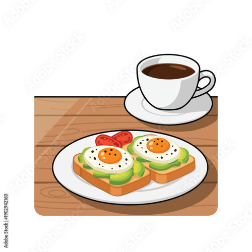 A plate of avocado toast with eggs and coffee