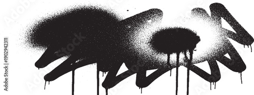 Black and white graffiti spray paint drips on a clean white background.