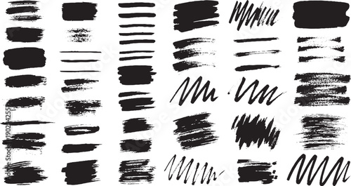 Collection of various black ink brush strokes and grunge textures for artistic design.