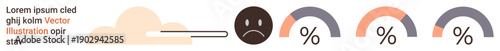 Feedback evaluation, emotional response, performance metrics, negativity, survey results, analytics. Sad face with progress indicators and percentage metrics. Feedback evaluation and emotional