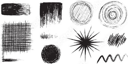 Set of various handdrawn grunge elements including brush strokes circles and abstract shapes.