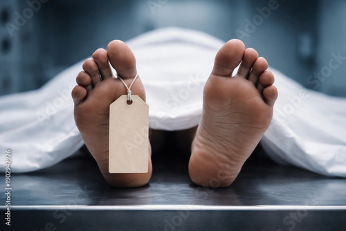 bare feet of a deceased person on a stainless steel morgue table with a blank toe tag and white sheet, symbolizing death, mortality, and forensic investigation.
