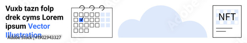 Digital organization, cloud storage, NFTs, technology solutions, scheduling tools, data management. Features a calendar, cloud icon and NFT document design. Digital organization and cloud storage