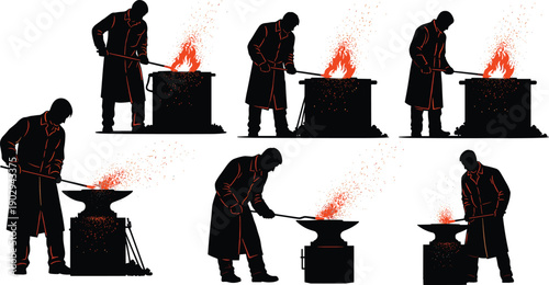 Blacksmith forging metal silhouettes with fire sparks showing traditional metalworking process, industrial craftsmanship scenes, steel industry concept illustration isolated on white background vector