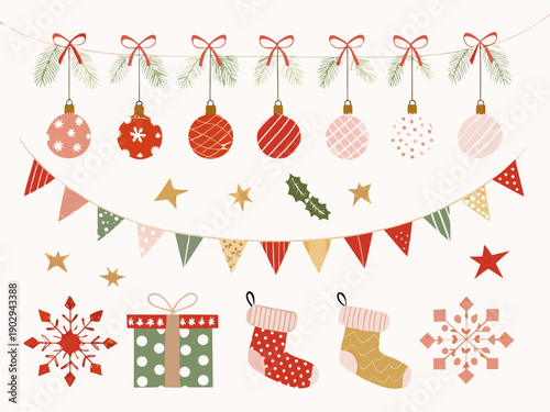 Festive christmas decorations including ornaments stockings and gift boxes