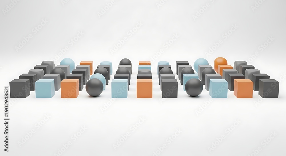 Fototapeta premium Geometric shapes including spheres and cubes arranged in neat rows with varying colors and textures on a plain background symbolizing order and