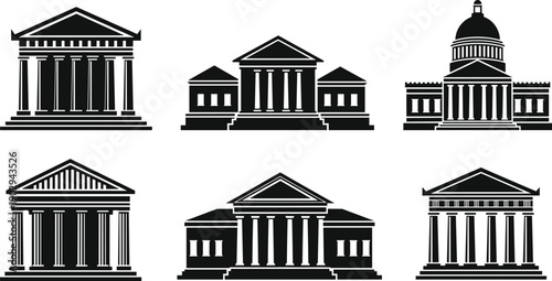 Classical government and courthouse building silhouette set, neoclassical architecture with columns and domes, black vector illustration for law, politics and institutional design