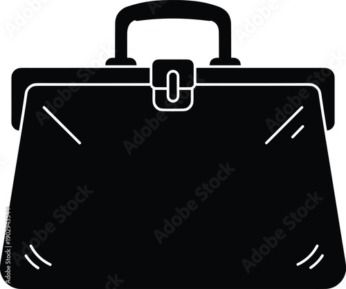 Minimal vector silhouette, old leather doctor’s bag with short handles, solid black, isolated on white.