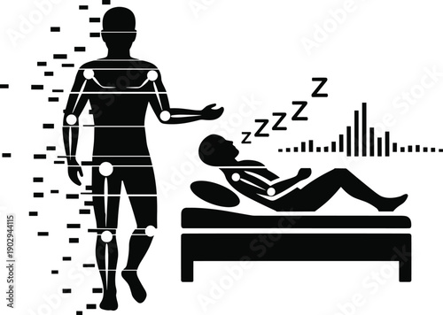 Black silhouettes of a standing and sleeping person with joint markers and sound waves