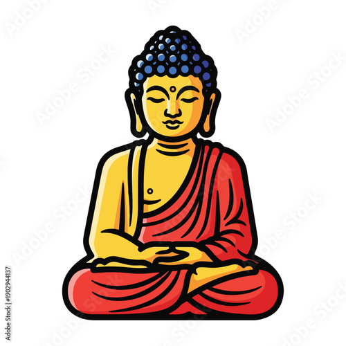 A serene Buddha statue with a yellow face and red robes