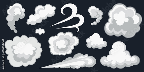 Collection of stylized white cloud and smoke puff illustrations