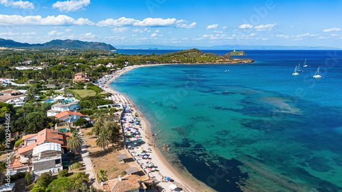 Schilderij op canvas Aerial view of the beautiful Nora beach and turquoise bay in Pula, Southern Sard
