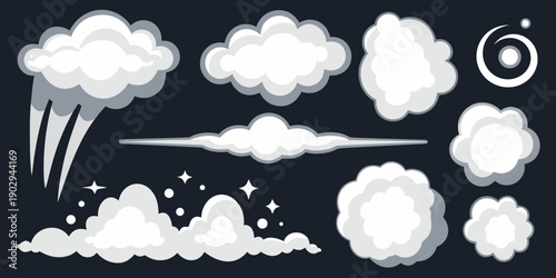 Cartoon cloud set with various shapes and styles on a dark background