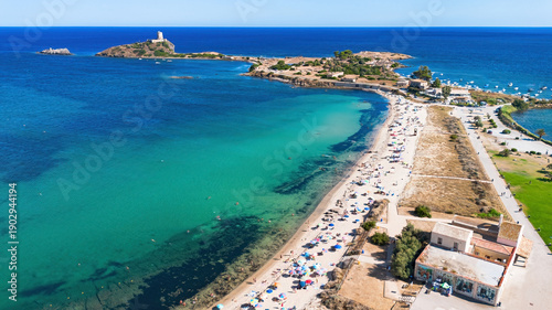 Aerial view of the beautiful Nora beach and turquoise bay in Pula, Southern Sardinia, Italy