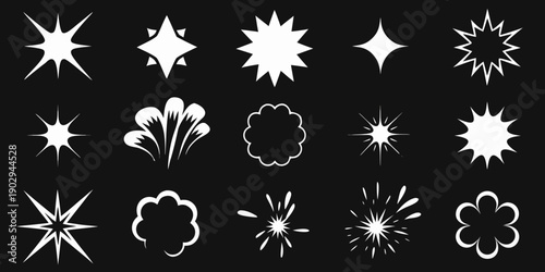 Collection of sparkling starburst and floral design elements on black