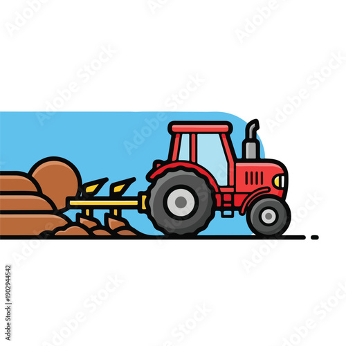 A red tractor plowing brown soil