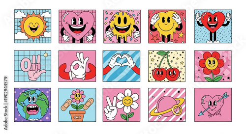 A vibrant collection of retro-inspired cartoon illustrations featuring hearts, smiley faces, flowers, and celestial bodies on a pink and blue background.