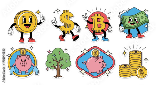 A collection of cartoon-style financial and money-related icons, featuring characters like a coin, dollar sign, Bitcoin, and dollar bill, alongside piggy banks, a money tree, and stacks of coins.