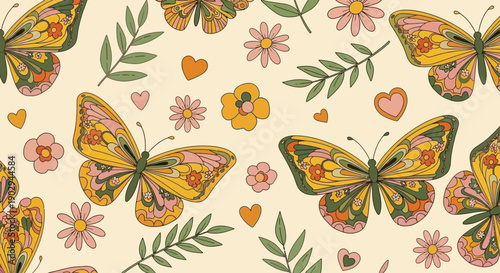 A vibrant and whimsical retro-inspired pattern featuring colorful butterflies, delicate flowers, and charming hearts on a cream background.