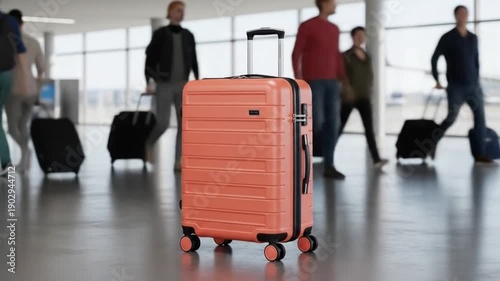 Travelers with luggage walking through a modern airport terminal showcasing the bustling atmosphere of air travel and the convenience of wheeled suitcases.