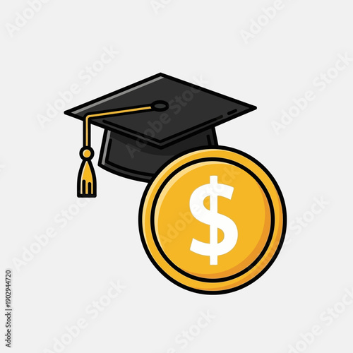 A graduation cap is placed next to a gold coin with a dollar sign on it, symbolizing educational funding.