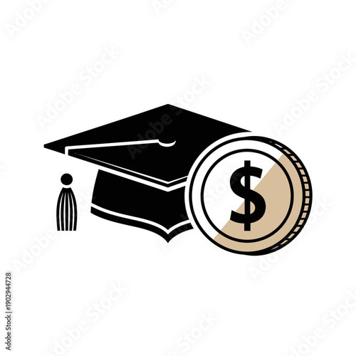 Graduation cap and a coin with a dollar sign symbolizing educational funding and financial aid.
