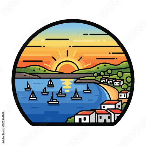 A serene coastal scene at sunset