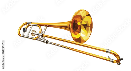 A gleaming golden trombone with a faceted bell, presented against a stark white background.
