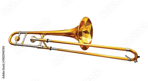 A detailed illustration of a gleaming golden brass trombone with its slide extended, set against a white background.