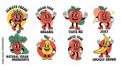A collection of eight retro-style cartoon fruit and vegetable characters with various positive attributes and slogans.