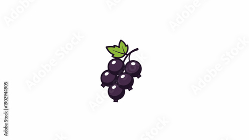 Adorable cartoon illustration of a fresh blackcurrant berry cluster with green leaf a simple and