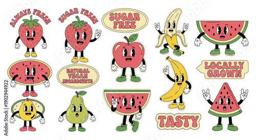A collection of retro-style cartoon fruits with arms and legs, some holding signs promoting healthy eating.