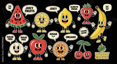 Retro cartoon characters of various fruits and vegetables with speech bubbles, set against a black background.