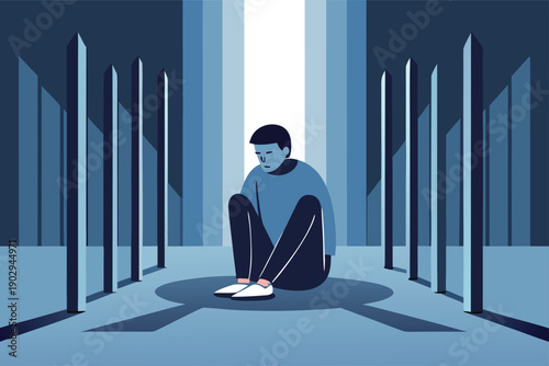 Lonely man sitting in empty corridor with pillars all around him