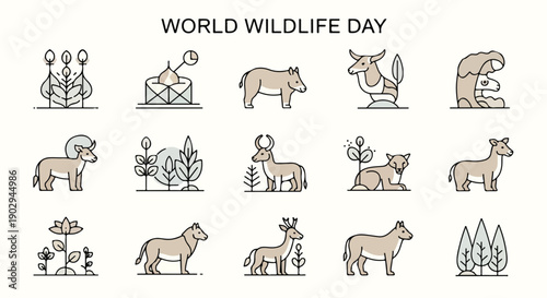 Line art illustrations of various animals and plants for World Wildlife Day on a clean white background.
