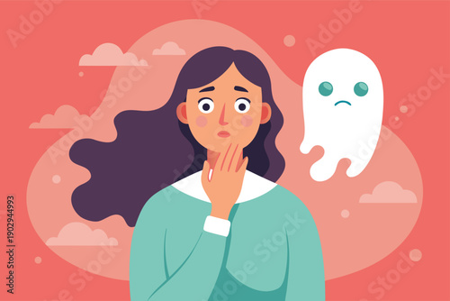 Woman shocked by ghostly apparition in modern illustration