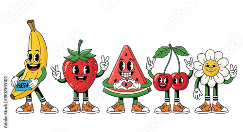 Retro cartoon fruit and flower characters with happy faces and shoes, making peace signs and heart gestures.