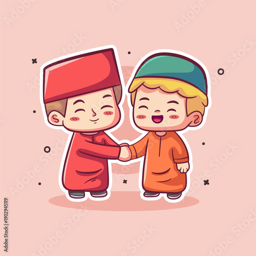 Cute Boys Shaking Hands in Friendly Greeting Cartoon Illustration