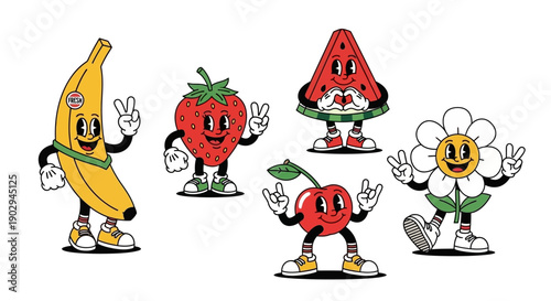 Retro cartoon characters of fruits and a flower, including a banana, strawberry, watermelon, cherry, and daisy, all with faces and limbs, making peace signs.